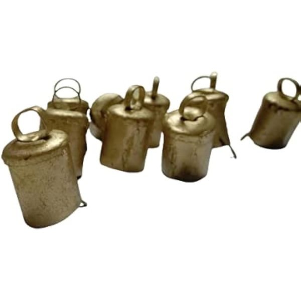 Goodsright Decor Vintage Indian Golden Tin Bells Rustic Iron Metal Chime Vintage Cow Bells Jingle Bells Christmas Tree for Crafts Decoration| Round 5 + Cone 5|