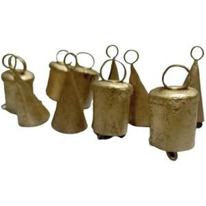 Goodsright Decor Vintage Indian Golden Tin Bells Rustic Iron Metal Chime Vintage Cow Bells Jingle Bells Christmas Tree for Crafts Decoration| Round 5 + Cone 5|