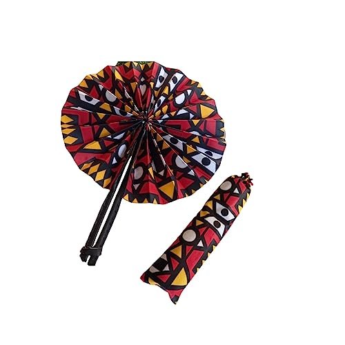 Goodsright Decor Handmade African Fan-Round Folding Handheld Fan for Costume, Dance, Party, Festival, Summer, Home Decor - Traditional Ankara Fabric Fan with Colorful Ethnic Print, Leather Handle (Design 11)