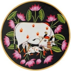 Goodsright Decor Dream Decor Craft Handpainted Pichwai Cow Painting On Wooden Plate For Home Decor, Handmade Gifts, Indian Art, Ethnic Wall Decor