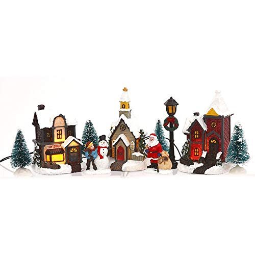 Goodsright Decor Miniature LED Lighted 10-Piece Christmas Village Scene with Santa - Small Decorative Mini Light Up Tabletop Mantel Shelf Xmas Winter Decorations Home Decor