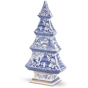 Goodsright Decor Blue and White Christmas Tree Figurine ?C Dolomite Holiday Decoration with Gold Metallic Accents