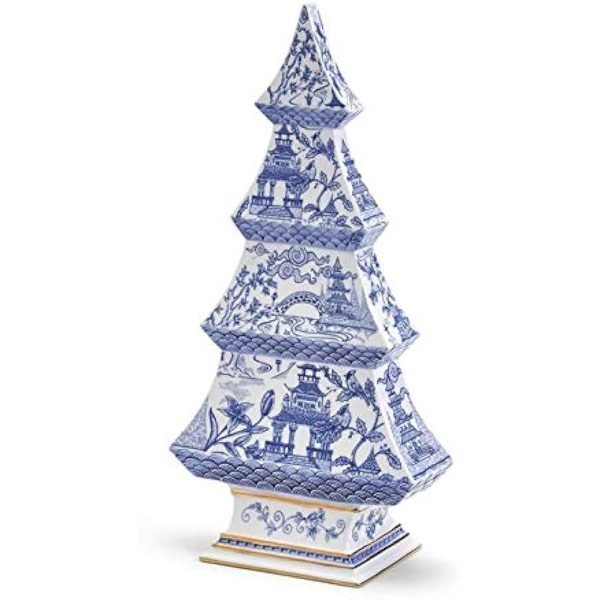 Goodsright Decor Blue and White Christmas Tree Figurine ?C Dolomite Holiday Decoration with Gold Metallic Accents