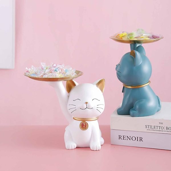 Goodsright Decor Candy Dishes Decorative, Entryway Table Key Storage Tray, Cute Cat Resin Figurine, Gift for Friends, Colleagues, Family,White