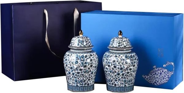 Goodsright Decor 2 Pack Chinese Enamel Porcelain Ginger Jar Vase With Lid and Gift Box,Decorative Ceramic Temple Jar Vase Tea Storage Jar With Lid Decor for Living Room Bedroom Shelf B (B)