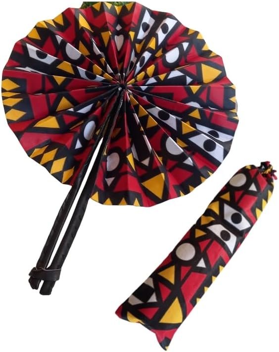 Goodsright Decor Handmade African Fan-Round Folding Handheld Fan for Costume, Dance, Party, Festival, Summer, Home Decor - Traditional Ankara Fabric Fan with Colorful Ethnic Print, Leather Handle (Design 11)