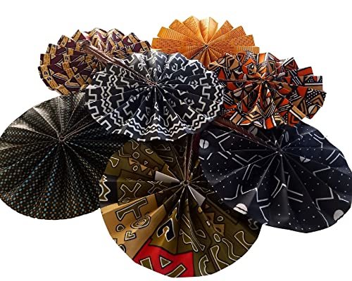 Goodsright Decor Handmade African Fan-Round Folding Handheld Fan for Costume, Dance, Party, Festival, Summer, Home Decor - Traditional Ankara Fabric Fan with Colorful Ethnic Print, Leather Handle (Design 11)