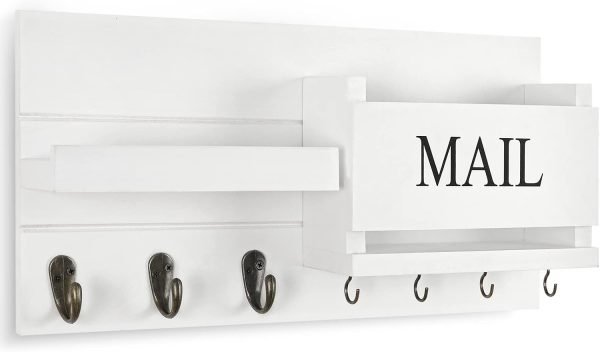 Goodsright Decor Organizer for Wall Mount ?C Key Holder with Shelf Includes Letter Holder and Hooks for Hallway Farmhouse Decor ?C Rustic Wood with Flush Mounting Hardware (16.5?? x 9.1?? x 3.4??) (White)