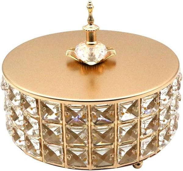 Goodsright Decor 1pc Glass Storage Box Golden Makeup Crystal Glass Bowl Ornament Storage Tray Trinket Jar Glass Apothecary Jar Round Toy Storage Kitchen Use Jar Buffet Metal Glass Jar Candy Banquet