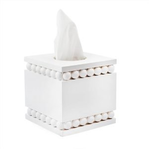 Goodsright Decor Beaded Square Tissue Box Cover (White); Rustic Farmhouse Wood Tissue Holder