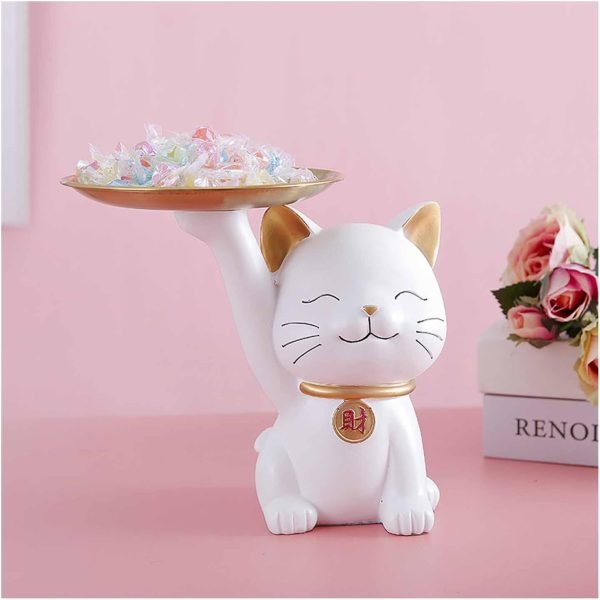 Goodsright Decor Candy Dishes Decorative, Entryway Table Key Storage Tray, Cute Cat Resin Figurine, Gift for Friends, Colleagues, Family,White