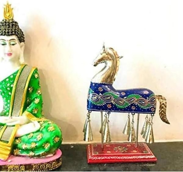Goodsright Decor Wooden and Iron Hand Crafted Horse with Bells, Wooden Handmade Emboss Work Bell Horse Decorative Showpiece, Birthday