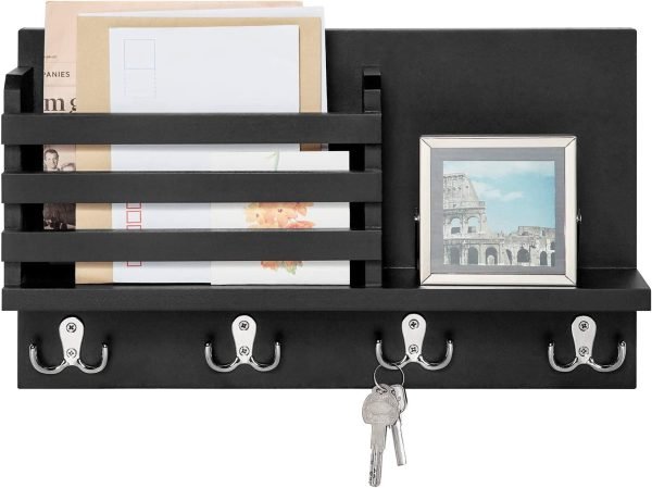 Goodsright Decor Wall Mounted Mail Holder Wooden Key Holder Rack Mail Sorter Organizer with 4 Double Key Hooks and A Floating Shelf Rustic Home Decor for Entryway or Mudroom,15.7" W x9.3 Hx3.2 D, Brown
