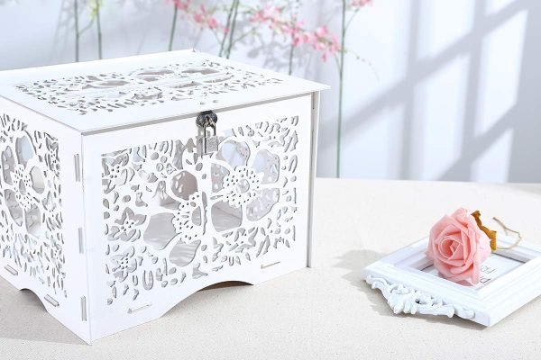 Goodsright Decor Wedding Money Box Holder with Sign, Large Rustic Wood Wooden Envelop Gift Card Boxes with Lock Slot for Reception Anniversary Party Parties White