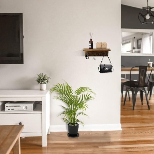 Goodsright Decor Rustic Key Holder for Wall, Farmhouse Wall Shelf with 4 Hooks, Wall Mounted Key Racks, Wooden Mail Organizer with Hooks for Entryway (Brown)