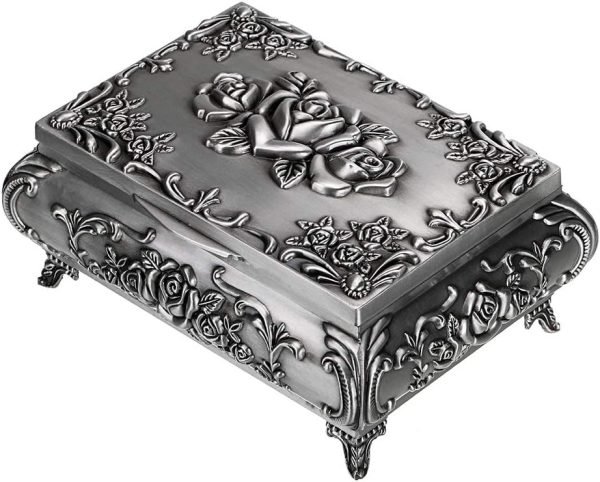 Goodsright Decor Metal Decorative Jewelry Box Vintage Treasure Chest Case Ornate Trinket Organizer Earrings Necklace Bracelet Storage Box Ring Holder Keepsake Box for Women Girls