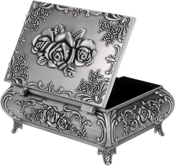 Goodsright Decor Metal Decorative Jewelry Box Vintage Treasure Chest Case Ornate Trinket Organizer Earrings Necklace Bracelet Storage Box Ring Holder Keepsake Box for Women Girls