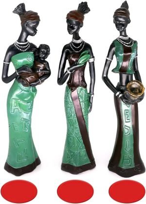 Goodsright Decor 3 Pack African Women Sculpture,7.5" Women Figurines Exotic Tribal Lady Figurine Black Women Statue Home Office Decor Vintage Collectible Art Crafts Desktop Ornaments Decorations Gift (Green)
