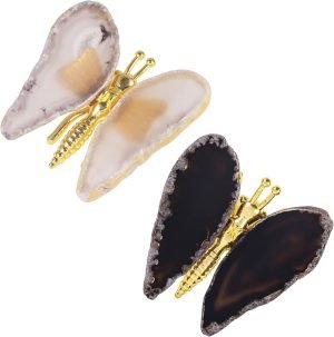 Goodsright Decor 2pcs Agate Slice Butterfly Decorations, Golden Flying Butterfly with Colorful Stone Wings for Home Office Table Desktop Decor, Grey & Black