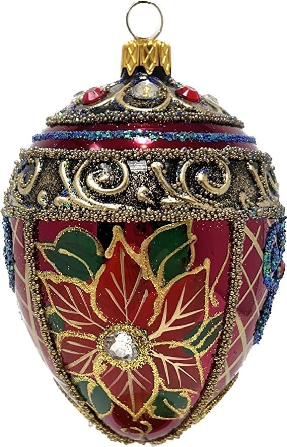Goodsright Decor Faberg?? Egg 5-Inch Blown Glass Christmas Tree Ornament Holiday Poinsettia (Onyx Black)