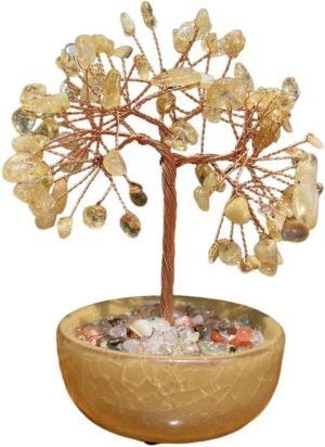 Goodsright Decor Yellow Crystal Delicate Design Hair Fortune Tree Small Home Ornament with Good Luck Natural Ornament Gift