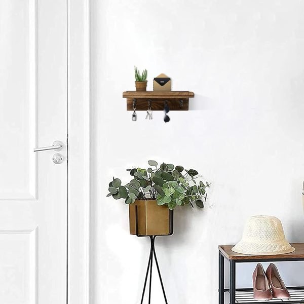 Goodsright Decor Rustic Key Holder for Wall, Farmhouse Wall Shelf with 4 Hooks, Wall Mounted Key Racks, Wooden Mail Organizer with Hooks for Entryway (Brown)