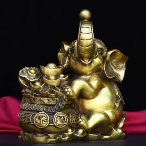 Goodsright Decor 12" China Lucky Seikos Brass Treasure Bowl Elephant Statue Wealth Ingots Asian Elephant Gather Fortune Office Ornament Town House Exorcism