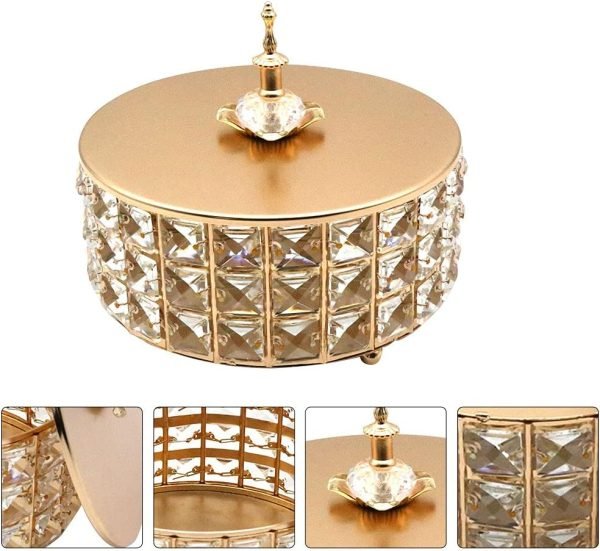 Goodsright Decor 1pc Glass Storage Box Golden Makeup Crystal Glass Bowl Ornament Storage Tray Trinket Jar Glass Apothecary Jar Round Toy Storage Kitchen Use Jar Buffet Metal Glass Jar Candy Banquet