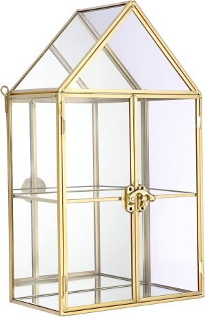 Goodsright Decor 2 Tier Clear Glass Storage Box, Gold Mirrored Jewelry Makeup Display Organizer Case, Decorative Tower box Storage for Trinket Perfume Lipstick Figure Statue Toy Display, House Shape