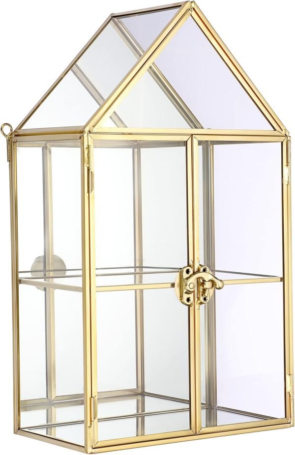 Goodsright Decor 2 Tier Clear Glass Storage Box, Gold Mirrored Jewelry Makeup Display Organizer Case, Decorative Tower box Storage for Trinket Perfume Lipstick Figure Statue Toy Display, House Shape