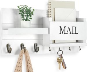 Goodsright Decor Organizer for Wall Mount ?C Key Holder with Shelf Includes Letter Holder and Hooks for Hallway Farmhouse Decor ?C Rustic Wood with Flush Mounting Hardware (16.5?? x 9.1?? x 3.4??) (White)