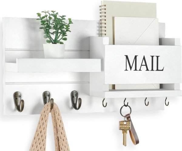 Goodsright Decor Organizer for Wall Mount ?C Key Holder with Shelf Includes Letter Holder and Hooks for Hallway Farmhouse Decor ?C Rustic Wood with Flush Mounting Hardware (16.5?? x 9.1?? x 3.4??) (White)