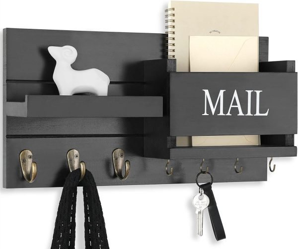 Goodsright Decor Organizer for Wall Mount ?C Key Holder with Shelf Includes Letter Holder and Hooks for Hallway Farmhouse Decor ?C Rustic Wood with Flush Mounting Hardware (16.5?? x 9.1?? x 3.4??) (White)