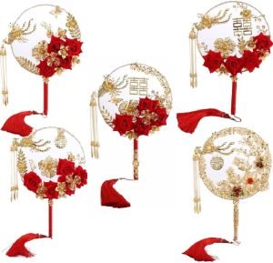 Goodsright Decor 5pcs Chinese Wedding Retro Bride Gold Red Circular Fan Handmade Dragon and Phoenix Flower Decoration Craft Photography Jewelry Decoration Props(1/2/3/4/5)