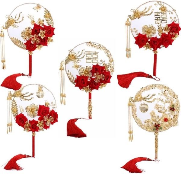 Goodsright Decor 5pcs Chinese Wedding Retro Bride Gold Red Circular Fan Handmade Dragon and Phoenix Flower Decoration Craft Photography Jewelry Decoration Props(1/2/3/4/5)