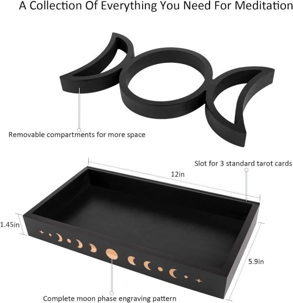 Goodsright Decor Crystal Display Moon Tray Tarot Card Holder Stand, Wiccan Decor & Witchy Accessories & Pagan Altar Supplies, Black Wooden Storage Organizer Box for Rocks Healing Stones Jewelry Home Decorative