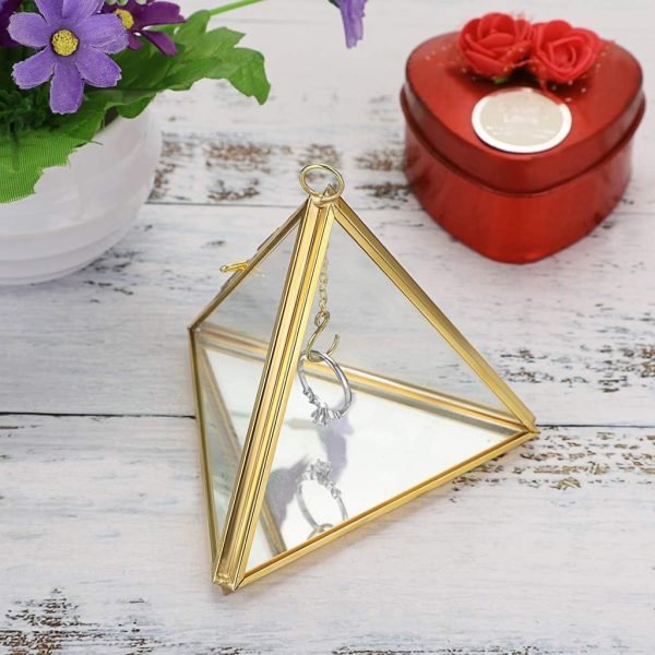 Goodsright Decor Jewelry Ring Display Holder - Glass Ring Holder Geometric Glass Ring Jewelry Box Wedding Ring Bearer Gift Box Hanging Prism Ring Stand Proposal Ring Display Case (Triangular pyramid)