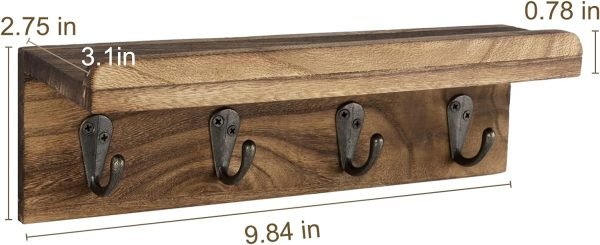 Goodsright Decor Rustic Key Holder for Wall, Farmhouse Wall Shelf with 4 Hooks, Wall Mounted Key Racks, Wooden Mail Organizer with Hooks for Entryway (Brown)