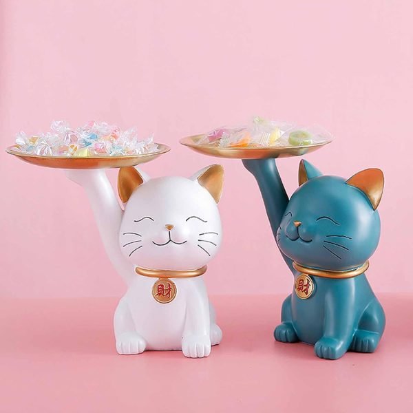 Goodsright Decor Candy Dishes Decorative, Entryway Table Key Storage Tray, Cute Cat Resin Figurine, Gift for Friends, Colleagues, Family,White