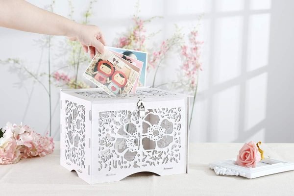 Goodsright Decor Wedding Money Box Holder with Sign, Large Rustic Wood Wooden Envelop Gift Card Boxes with Lock Slot for Reception Anniversary Party Parties White