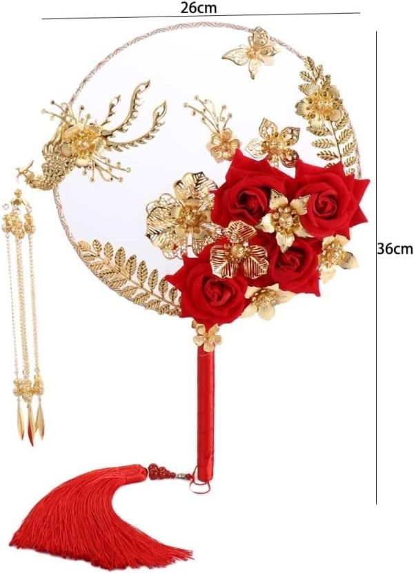 Goodsright Decor 5pcs Chinese Wedding Retro Bride Gold Red Circular Fan Handmade Dragon and Phoenix Flower Decoration Craft Photography Jewelry Decoration Props(1/2/3/4/5)