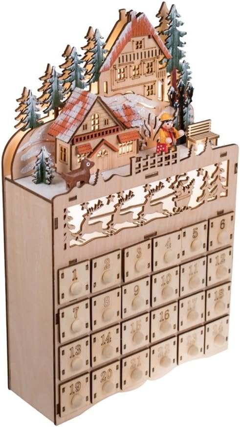 Goodsright Decor Wooden Christmas Advent Calendar, Countdown to Christmas, LED Holiday Decoration, Battery Operated, Reindeer Village
