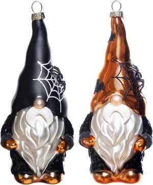 Goodsright Decor Set of 2 Hand Blown Glass Halloween Gnomes Ornaments for Christmas Tree Decorations, Hanging Glass Halloween Gnome Christmas Ornaments