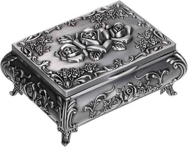 Goodsright Decor Metal Decorative Jewelry Box Vintage Treasure Chest Case Ornate Trinket Organizer Earrings Necklace Bracelet Storage Box Ring Holder Keepsake Box for Women Girls