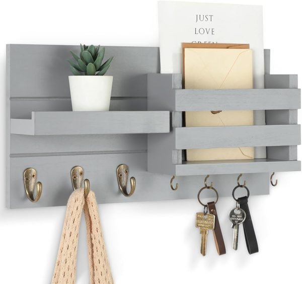 Goodsright Decor Mail Organizer for Wall Mount ?C Key Holder with Shelf Includes Letter Holder and Hooks for Coats, Dog Leashes ?C Rustic Wood with Flush Mounting Hardware (16.5?? x 8.7?? x 3.5??)