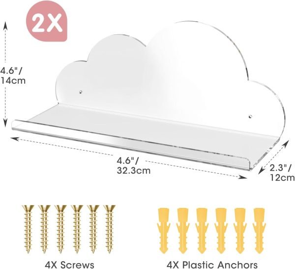 Goodsright Decor Cloud-Shaped Clear Acrylic Floating Shelves XL 2-Pack for Toys, Ornaments, Essential Oils & More, 12.7" L x 4.7" W x 5.5" H Spacious Room Decoration Display for Kids Room, Bathroom & Bedroom