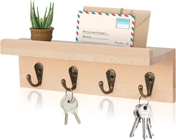 Goodsright Decor Rustic Key Holder for Wall, Farmhouse Wall Shelf with 4 Hooks, Wall Mounted Key Racks, Wooden Mail Organizer with Hooks for Entryway (Brown)
