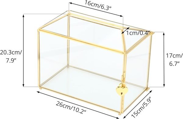 Goodsright Decor 10.2" x 5.9" x 7.9" Small Glass Cards Box with Slot and Lock for Wedding Reception - Birthdays Party Card Holder, Home Geometric Decorative, Clear Gold Terrarium (Glass Box Only)