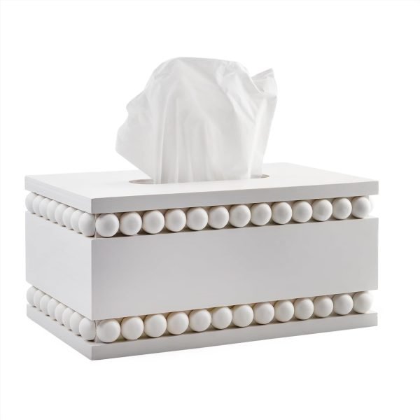 Goodsright Decor Beaded Square Tissue Box Cover (White); Rustic Farmhouse Wood Tissue Holder