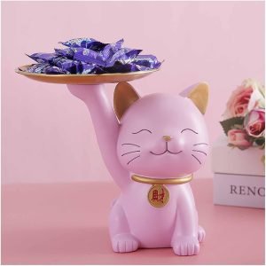 Goodsright Decor Candy Dishes Decorative, Entryway Table Key Storage Tray, Cute Cat Resin Figurine, Gift for Friends, Colleagues, Family,White